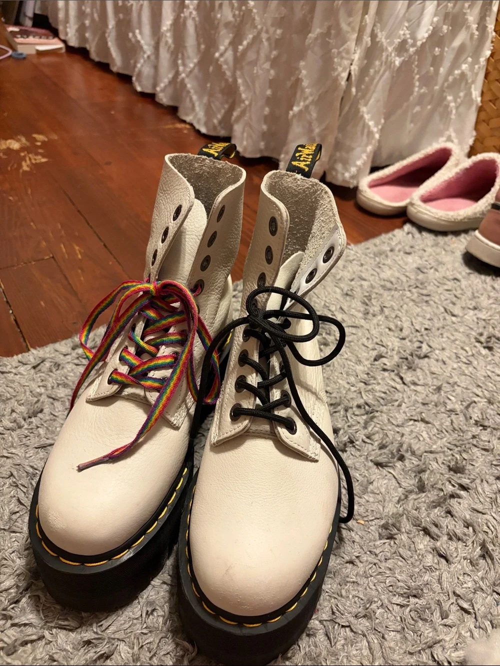 Dr. Martens White Platform Pascal Max Boots with Rainbow Laces